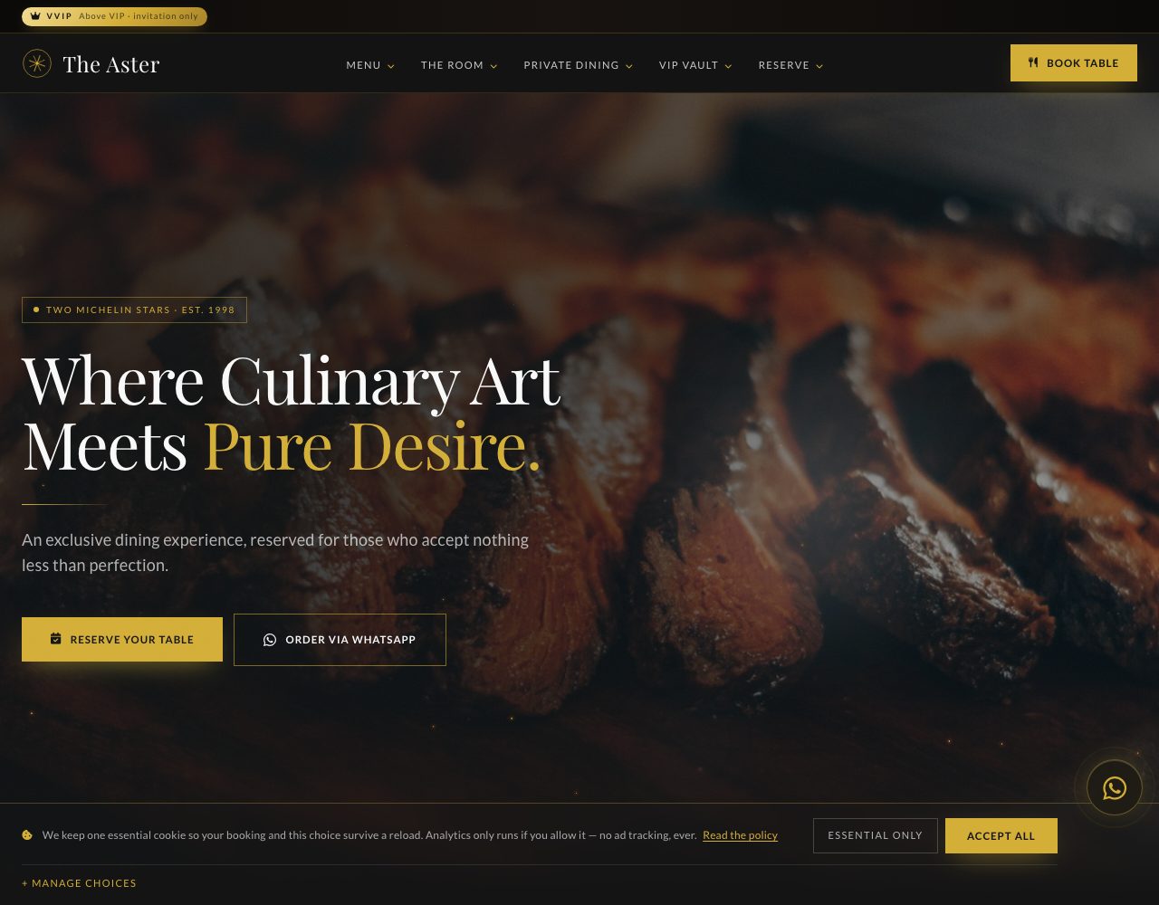The Aster restaurant site: hero, menu and booking bar