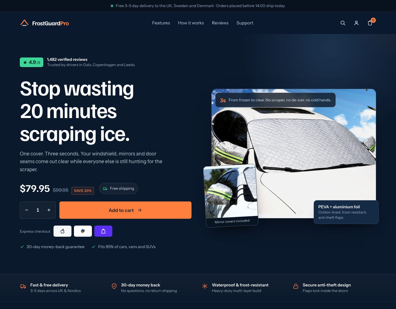 FrostGuard Pro product page: hero, price, add to cart and product proof
